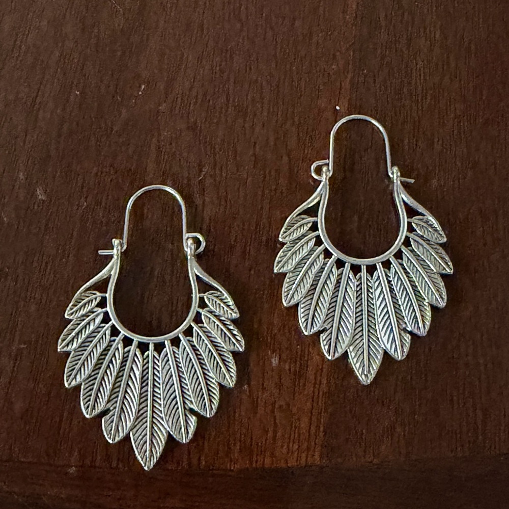 Silver Feather Fan Drop Earrings - Women Jewelry